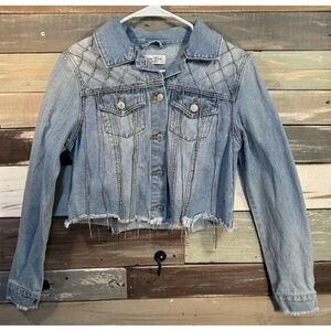 Light Blue Quilted Denim Jacket with Distressed Hem